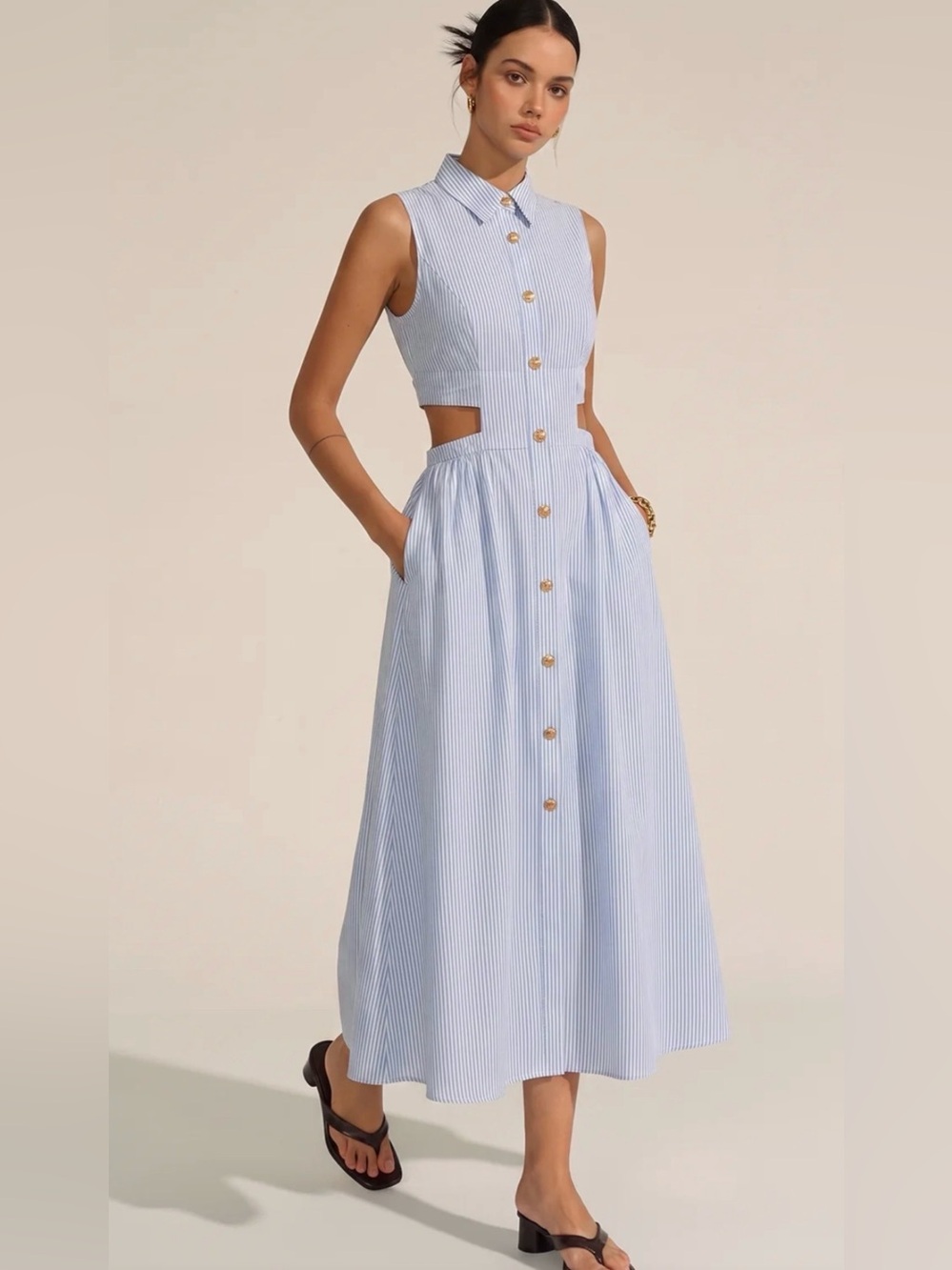 NWT Commense Sleeveless Blue Stripe Button-Front Cutout Midi Dress - XS